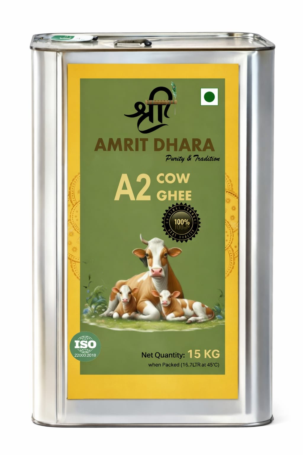 Shri Amrit Dhara A2 Cow Ghee 15 litre bulk food-grade tin — front view