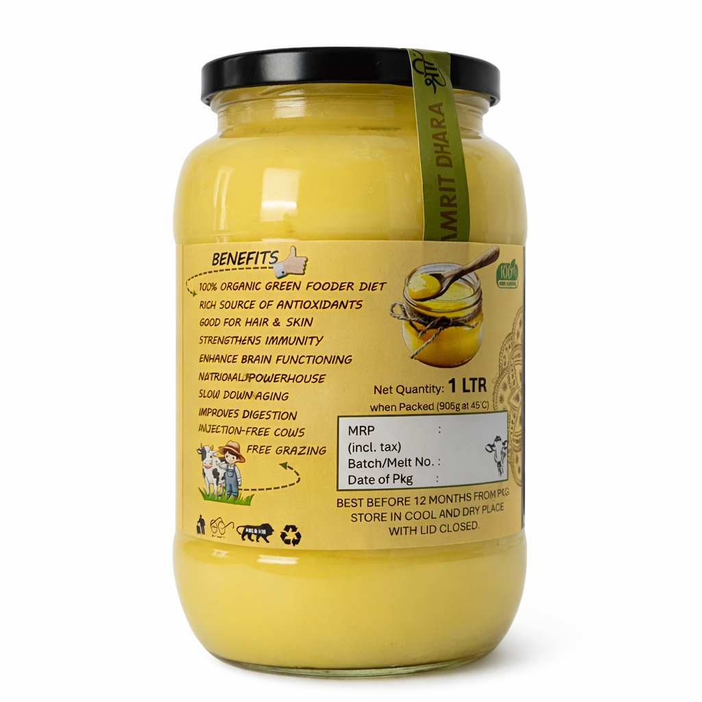 Shri Amrit Dhara A2 Cow Ghee 1 litre glass jar — with kraft gift box