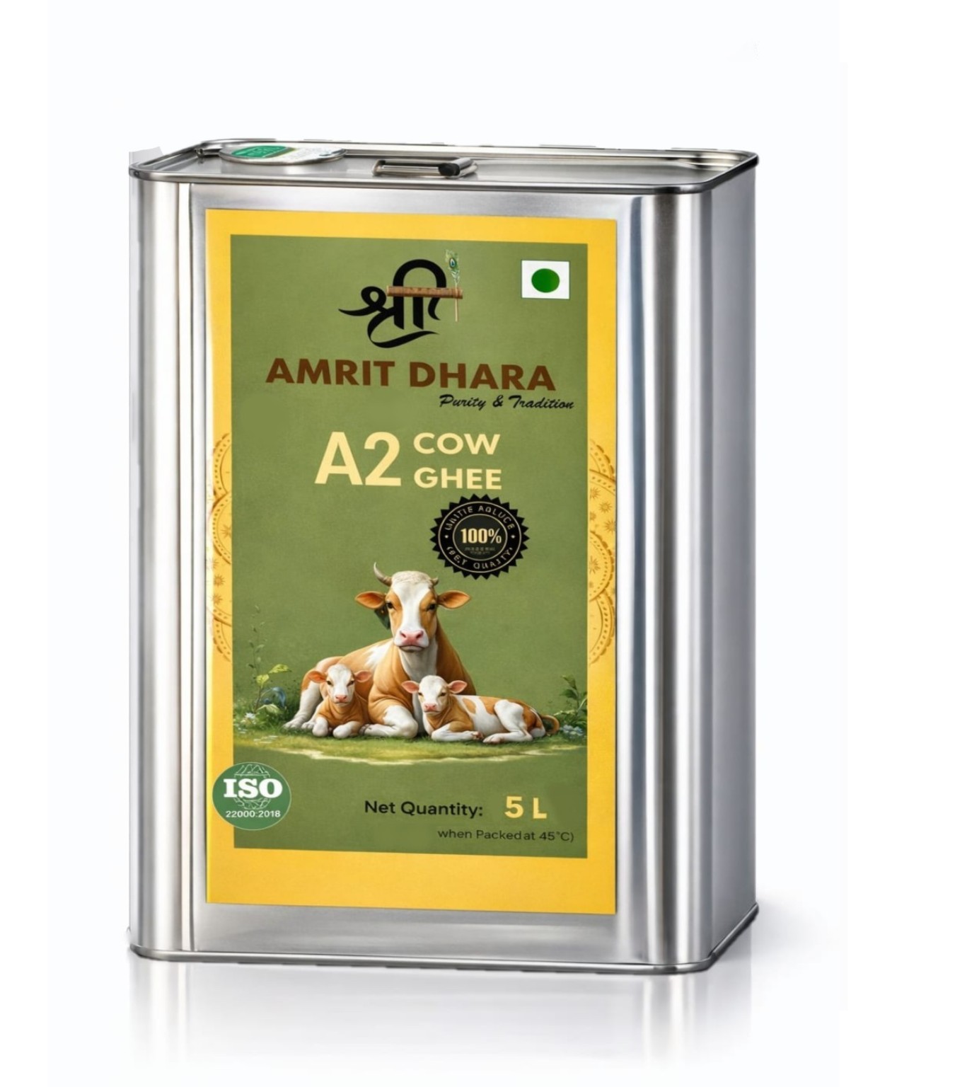 Shri Amrit Dhara A2 Cow Ghee 5 litre food-grade tin — front view